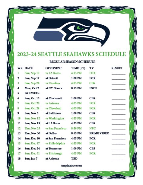 Printable Seahawks Schedule